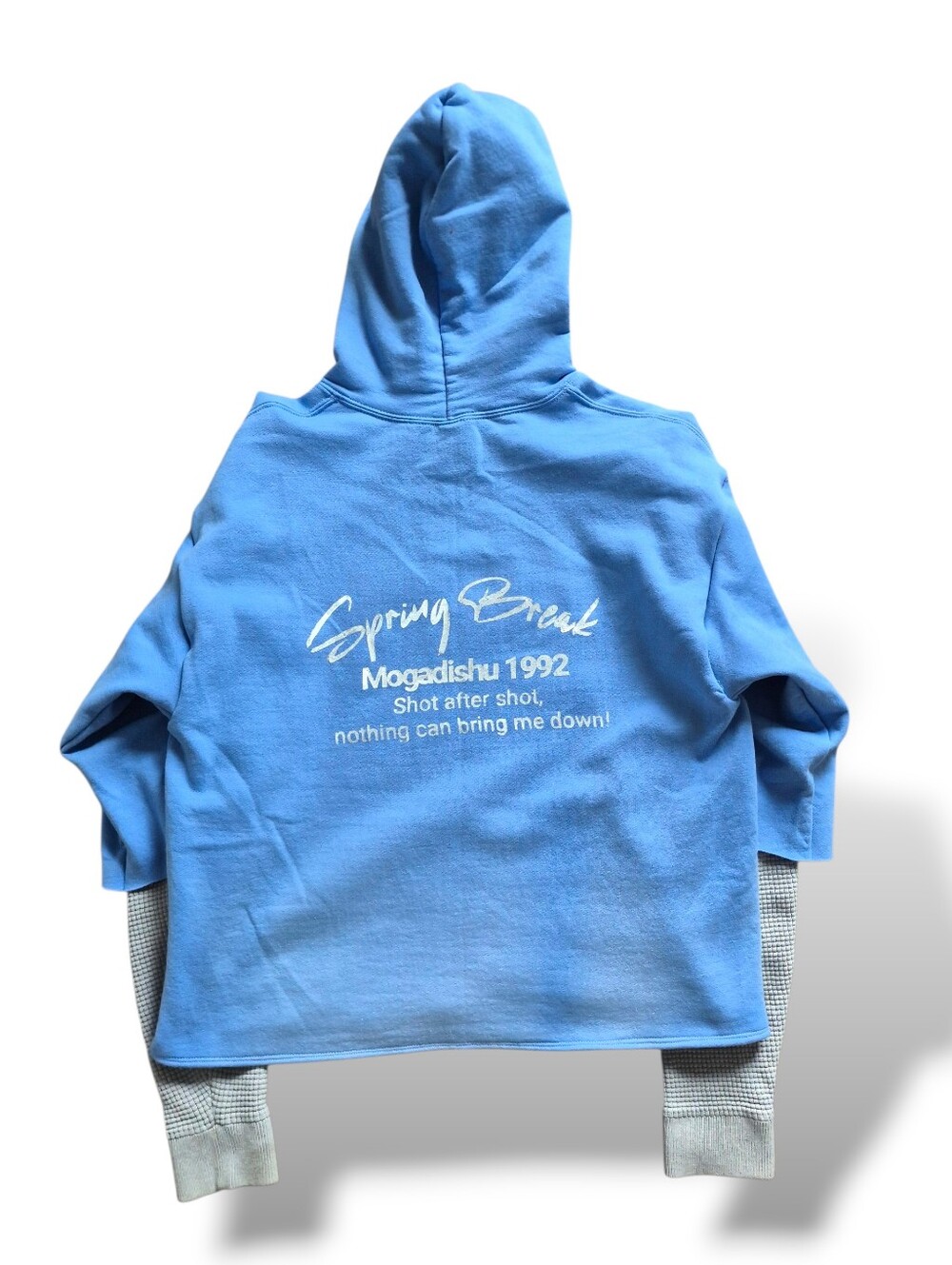 Light Blue Cropped Hoodie with Layered Thermal Knit Sleeves - Picture 2 of 2